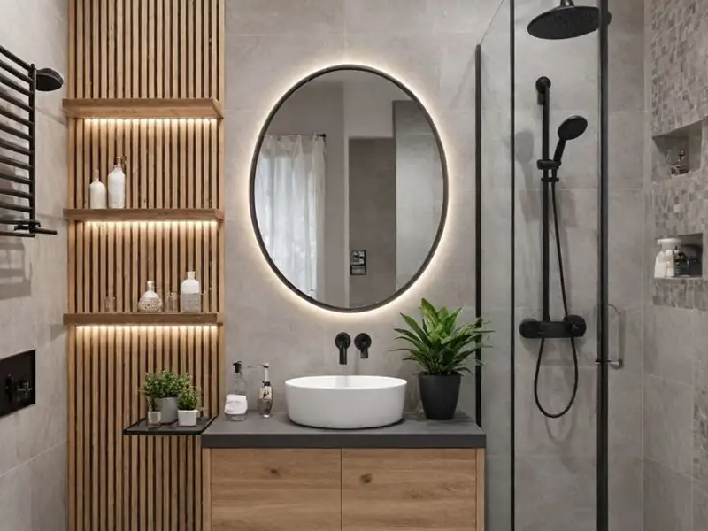 Mueble de baño en madera con lavamanos sobrepuesto